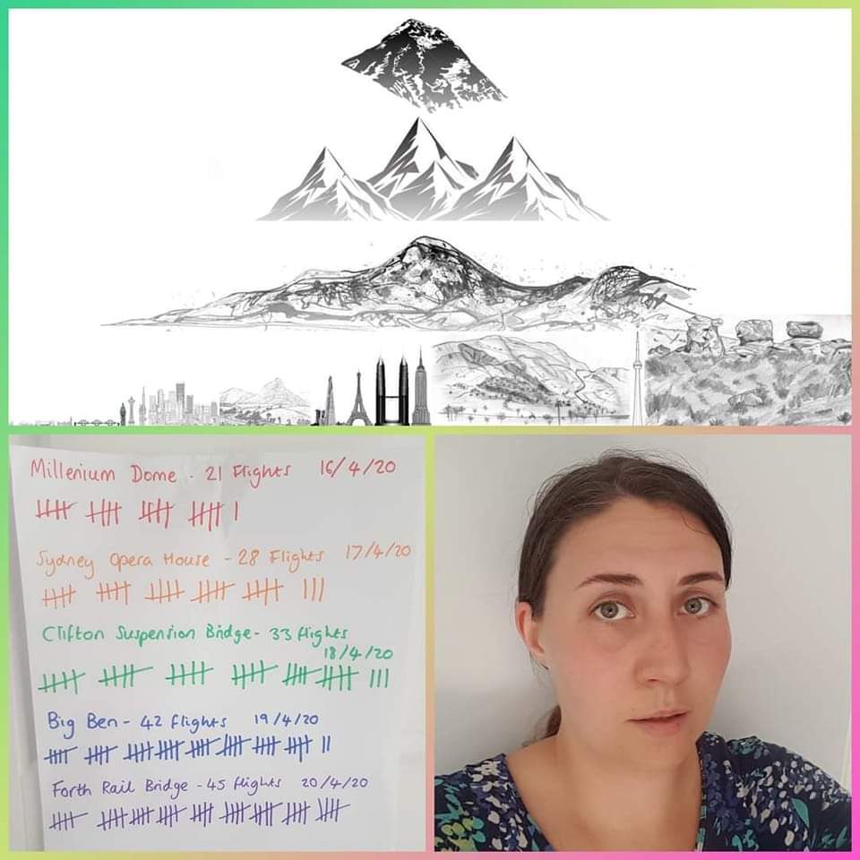 A compilation of a photo of Nikyla, some illustrated mountains and a tally board for various landmarks