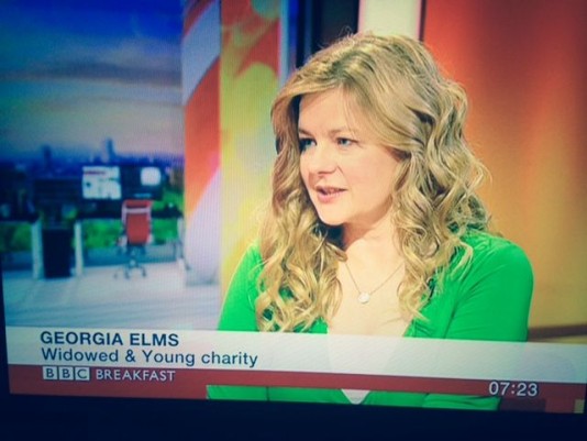 Screenshot of Georgia Elms, volunteer with WAY Widowed and Young charity in a television interview on BBC Breakfast