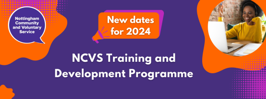 Banner with the NCVS logo, the words 'New dates for 2024' and NCVS Training and Development Programme'  there is an image of a lady smiling at her computer.