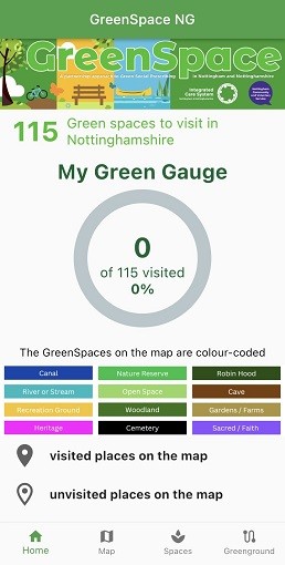 Screenshot of the GreenSpace NG app, showing the percentage of sites visited out of 115 total green spaces to visit in Nottinghamshire