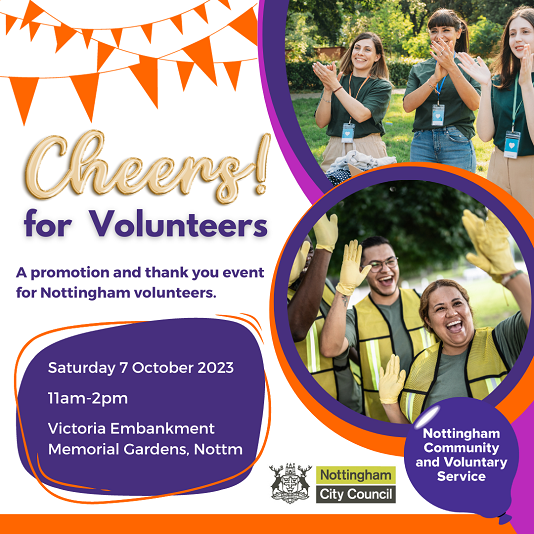 Cheers for Volunteers flyer - a promotion and thank you event for Nottingham volunteers.