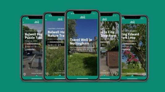 Travel Well in Nottingham. Smart phone screenshots from the Go Jauntly app which now has walking routes across Nottingham.