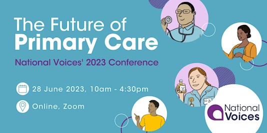 The Future of Primary Care National Voices' Online 2023 Conference promotional banner