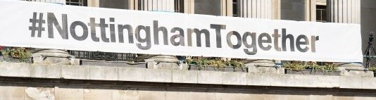 #NottinghamTogether banner on the front of the Council House