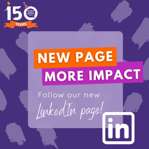 Graphic announcement celebrating 150 years with a message about a new LinkedIn page. The background is purple with abstract brush strokes. A light purple square overlay contains bold orange and pink text stating 'NEW PAGE, MORE IMPACT.' Below, white text invites viewers to 'Follow our new LinkedIn page!' with the LinkedIn logo in the bottom right corner