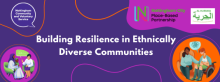 Banner for the Building Resilience in Ethnically Diverse Communities training. Illustrations diverse people giving and receiving counselling.