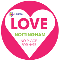 Image of a white heart on a pink background, the words love Nottingham and no place for hate are written inside the heart